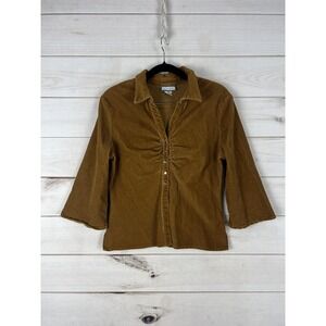 Agua Blues Shirt Womens M Brown Corduroy Ruched Button Front 3/4 Sleeve Stretch